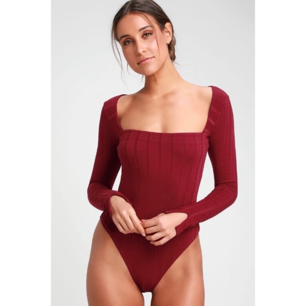 Free People Beside Me Square Neck Wine Bodysuit XS